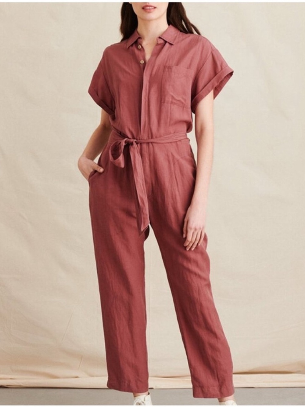 ALEX MILL Drapey Tencel Linen Belted Jumpsuit Dusty Rose Utility Minimalist M
